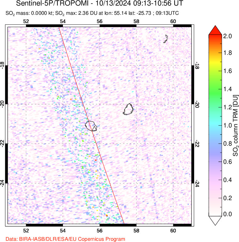 A sulfur dioxide image over Reunion Island, Indian Ocean on Oct 13, 2024.