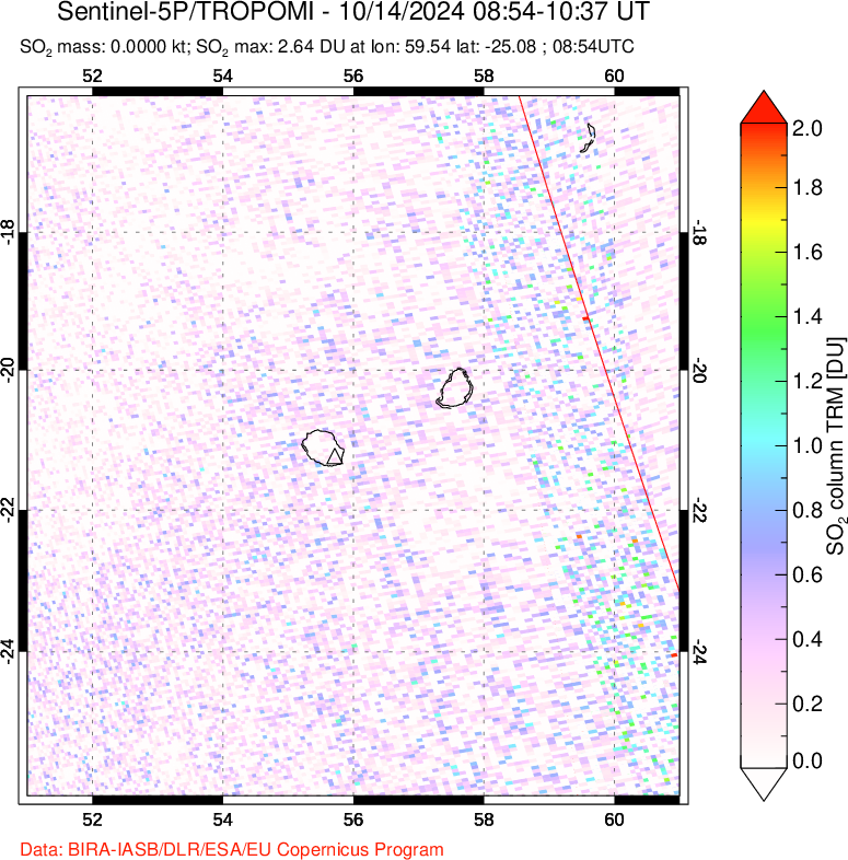 A sulfur dioxide image over Reunion Island, Indian Ocean on Oct 14, 2024.