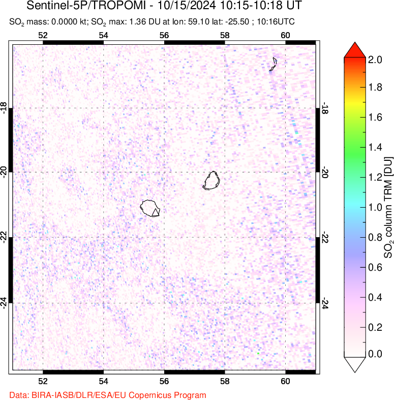 A sulfur dioxide image over Reunion Island, Indian Ocean on Oct 15, 2024.