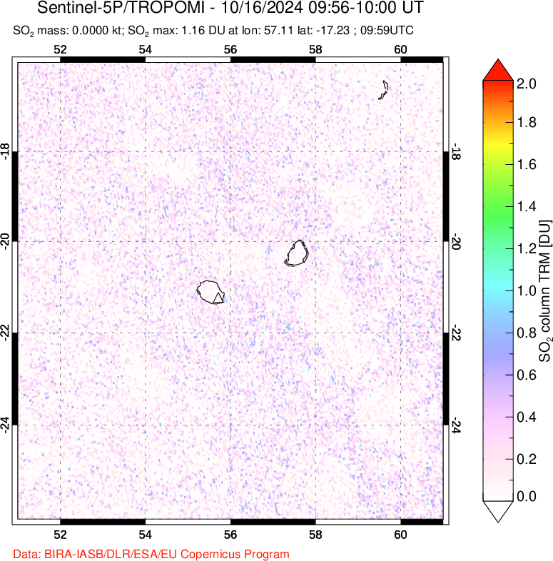 A sulfur dioxide image over Reunion Island, Indian Ocean on Oct 16, 2024.