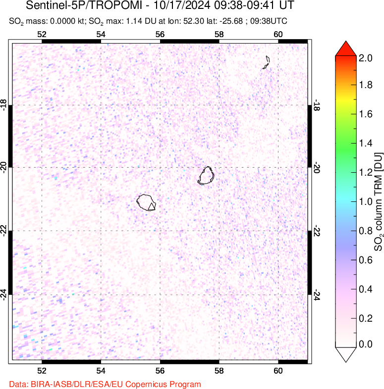 A sulfur dioxide image over Reunion Island, Indian Ocean on Oct 17, 2024.