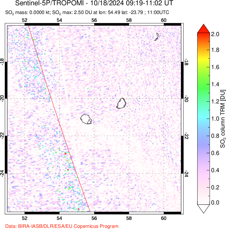 A sulfur dioxide image over Reunion Island, Indian Ocean on Oct 18, 2024.