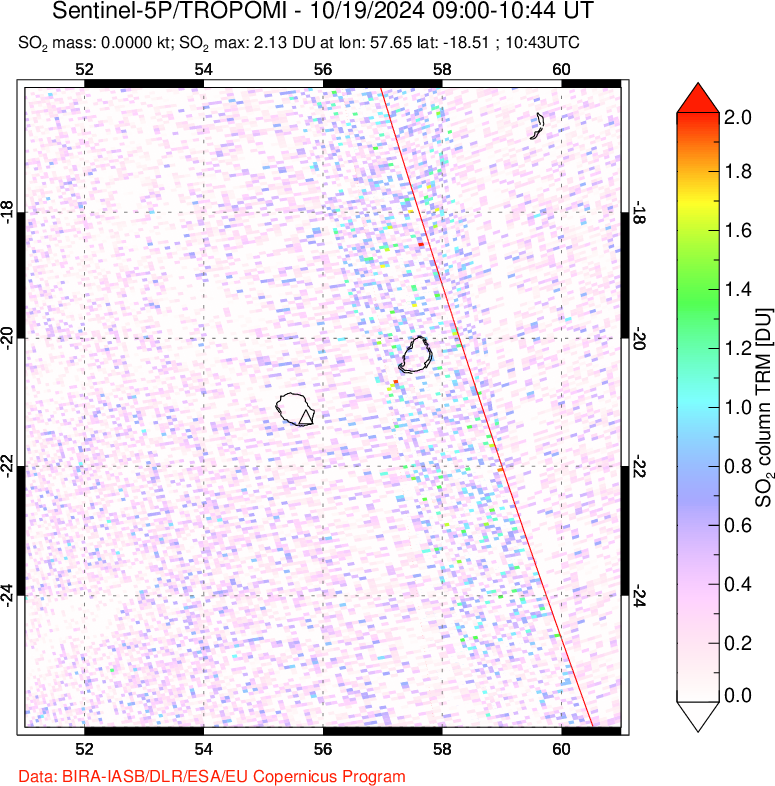 A sulfur dioxide image over Reunion Island, Indian Ocean on Oct 19, 2024.