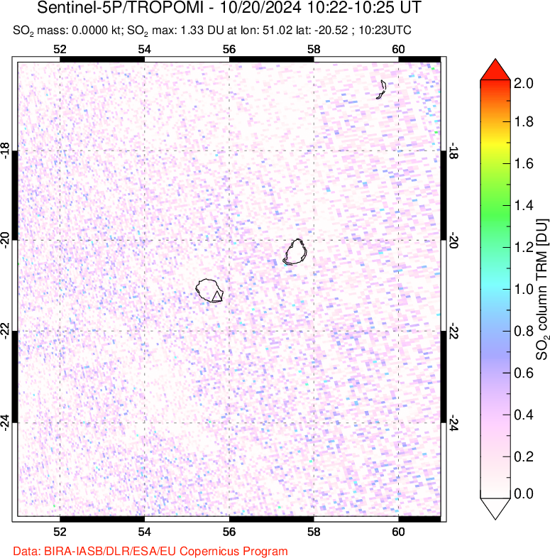 A sulfur dioxide image over Reunion Island, Indian Ocean on Oct 20, 2024.