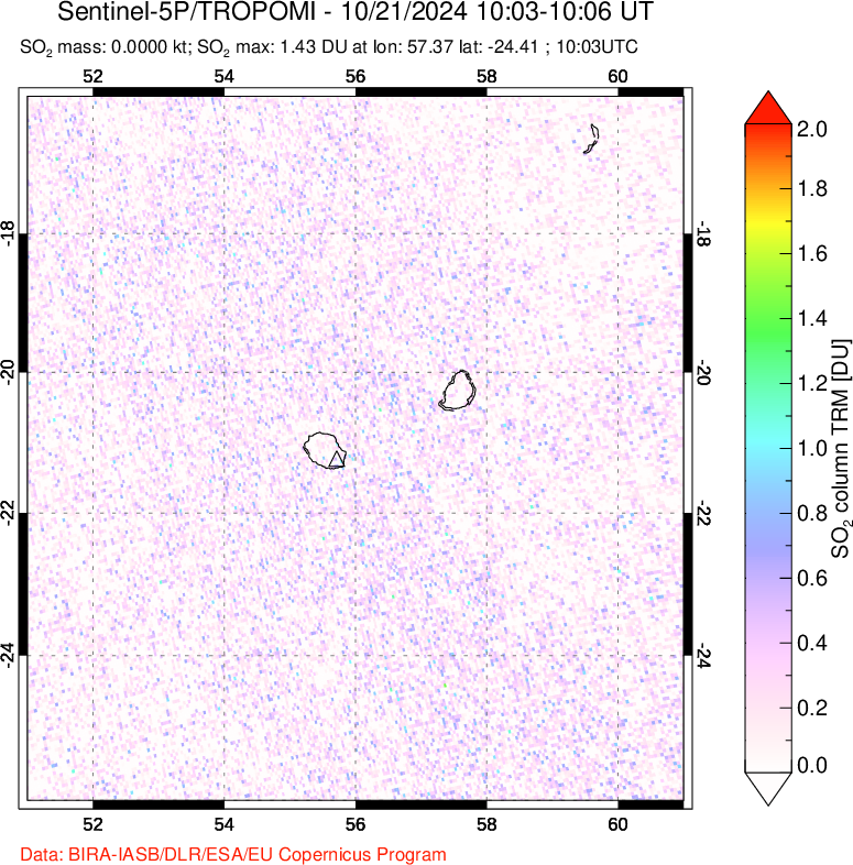 A sulfur dioxide image over Reunion Island, Indian Ocean on Oct 21, 2024.