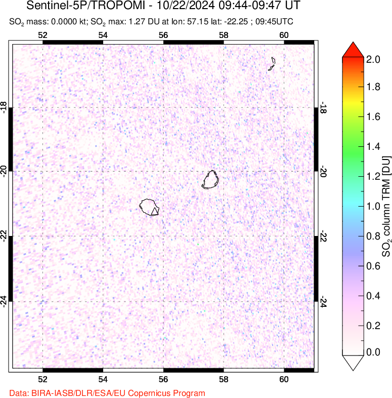 A sulfur dioxide image over Reunion Island, Indian Ocean on Oct 22, 2024.