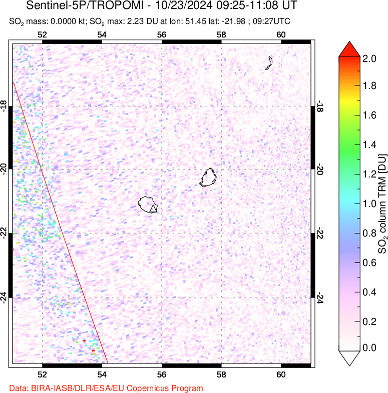 A sulfur dioxide image over Reunion Island, Indian Ocean on Oct 23, 2024.