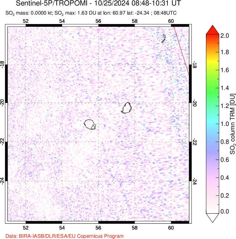 A sulfur dioxide image over Reunion Island, Indian Ocean on Oct 25, 2024.