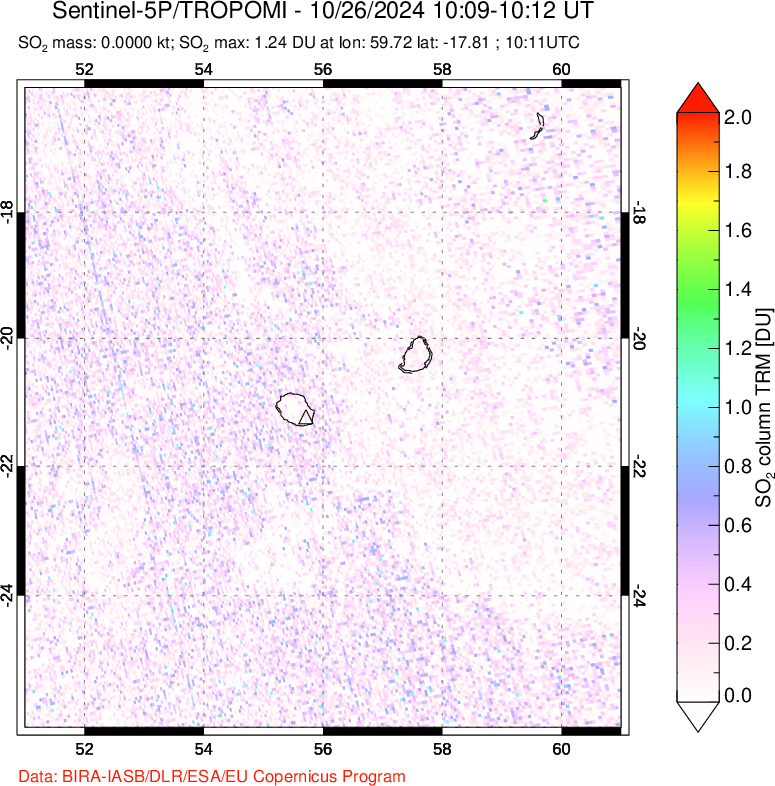 A sulfur dioxide image over Reunion Island, Indian Ocean on Oct 26, 2024.