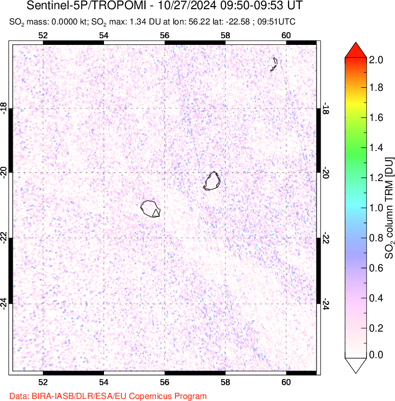 A sulfur dioxide image over Reunion Island, Indian Ocean on Oct 27, 2024.