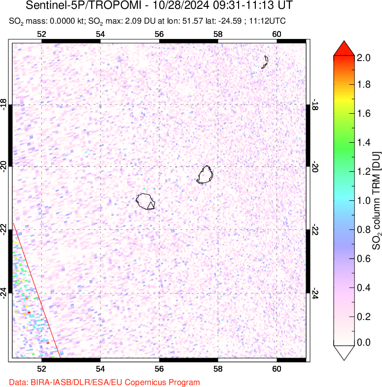 A sulfur dioxide image over Reunion Island, Indian Ocean on Oct 28, 2024.