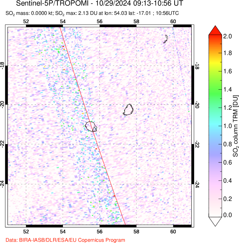 A sulfur dioxide image over Reunion Island, Indian Ocean on Oct 29, 2024.