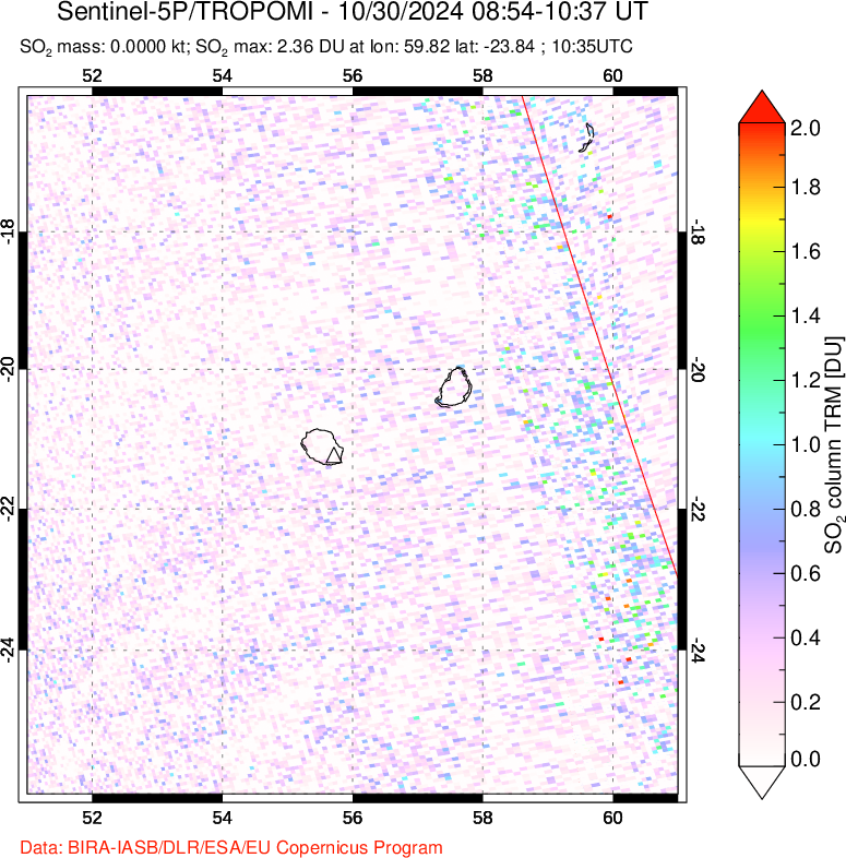 A sulfur dioxide image over Reunion Island, Indian Ocean on Oct 30, 2024.