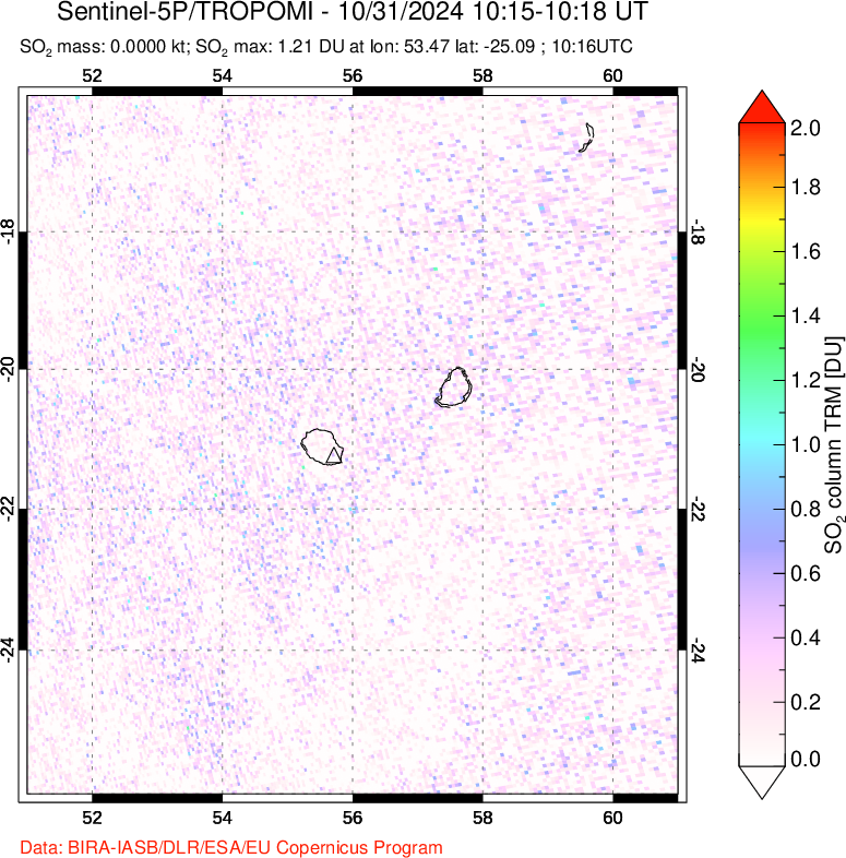 A sulfur dioxide image over Reunion Island, Indian Ocean on Oct 31, 2024.