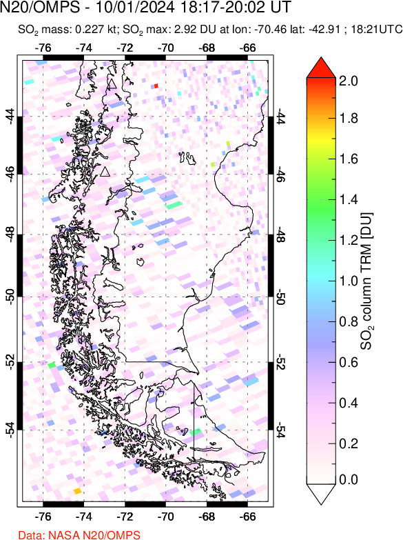 A sulfur dioxide image over Southern Chile on Oct 01, 2024.