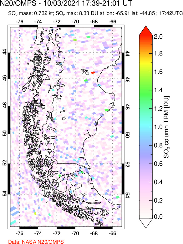 A sulfur dioxide image over Southern Chile on Oct 03, 2024.