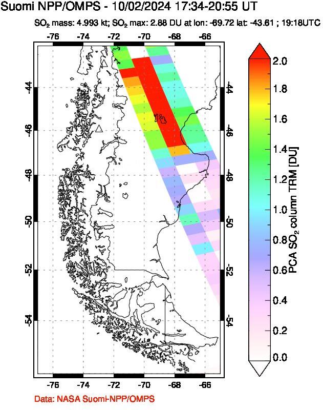 A sulfur dioxide image over Southern Chile on Oct 02, 2024.