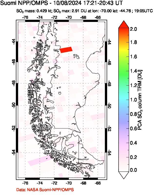 A sulfur dioxide image over Southern Chile on Oct 08, 2024.