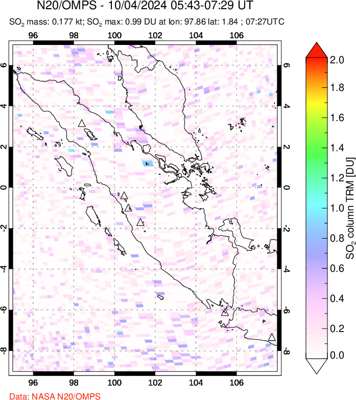 A sulfur dioxide image over Sumatra, Indonesia on Oct 04, 2024.