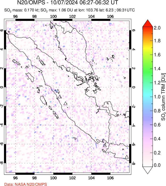 A sulfur dioxide image over Sumatra, Indonesia on Oct 07, 2024.