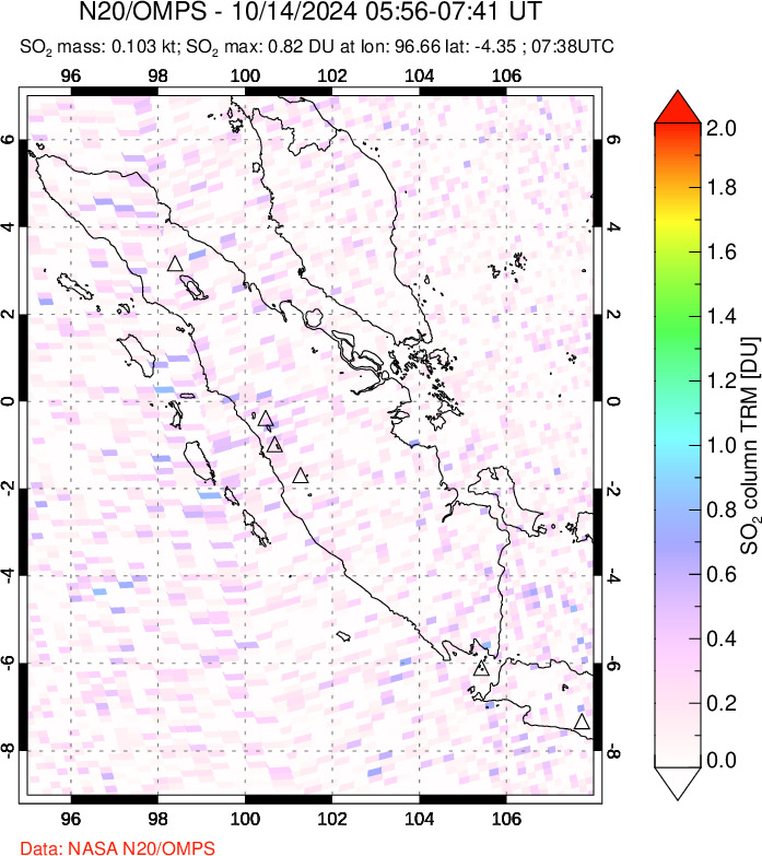 A sulfur dioxide image over Sumatra, Indonesia on Oct 14, 2024.