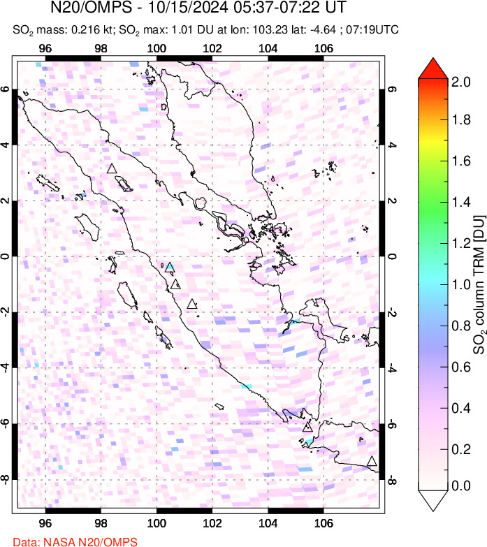 A sulfur dioxide image over Sumatra, Indonesia on Oct 15, 2024.