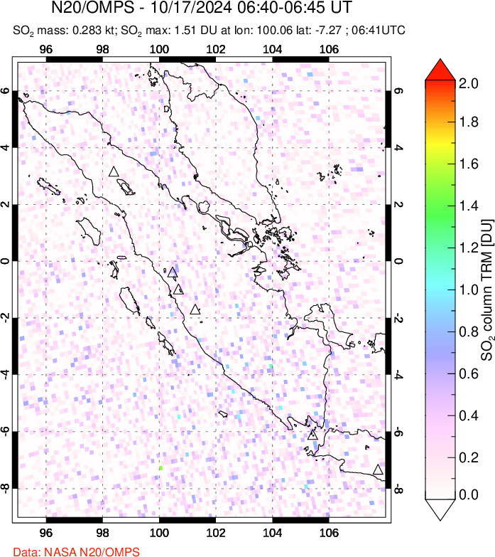 A sulfur dioxide image over Sumatra, Indonesia on Oct 17, 2024.