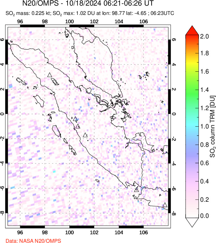 A sulfur dioxide image over Sumatra, Indonesia on Oct 18, 2024.