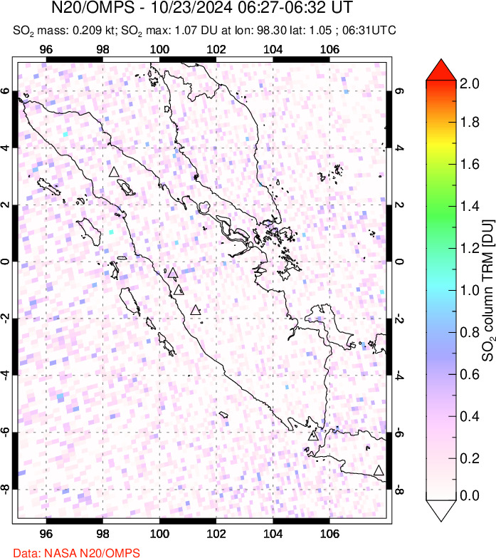 A sulfur dioxide image over Sumatra, Indonesia on Oct 23, 2024.