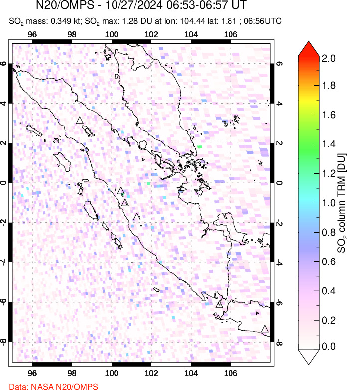 A sulfur dioxide image over Sumatra, Indonesia on Oct 27, 2024.