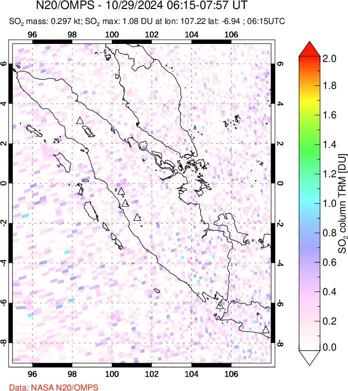 A sulfur dioxide image over Sumatra, Indonesia on Oct 29, 2024.