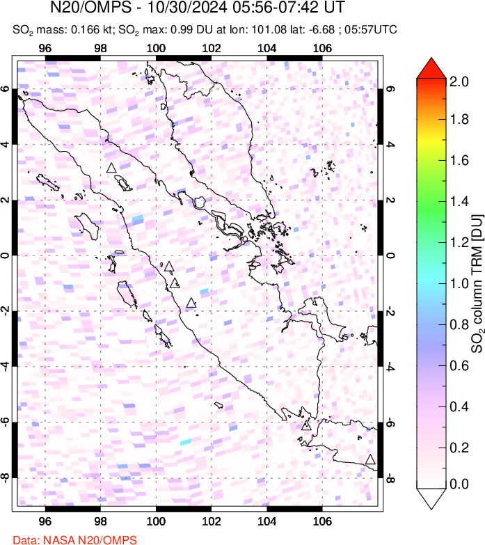 A sulfur dioxide image over Sumatra, Indonesia on Oct 30, 2024.