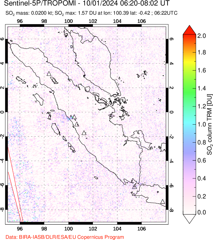 A sulfur dioxide image over Sumatra, Indonesia on Oct 01, 2024.