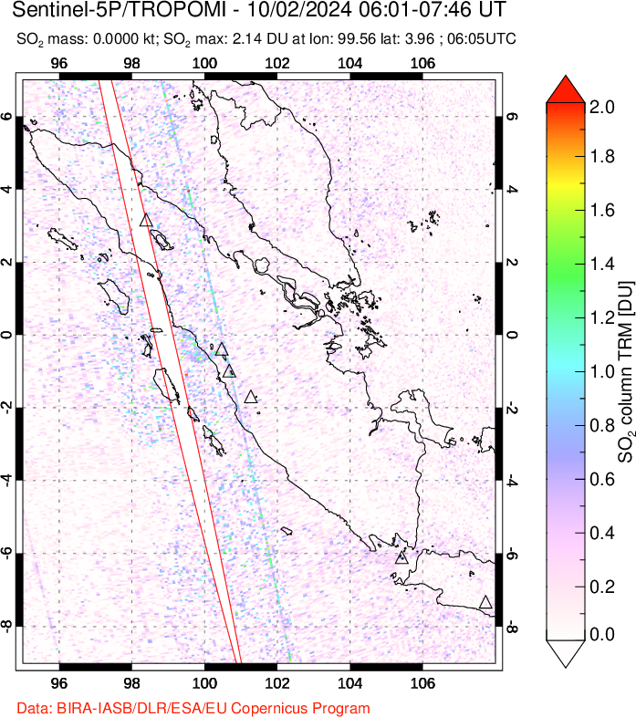 A sulfur dioxide image over Sumatra, Indonesia on Oct 02, 2024.