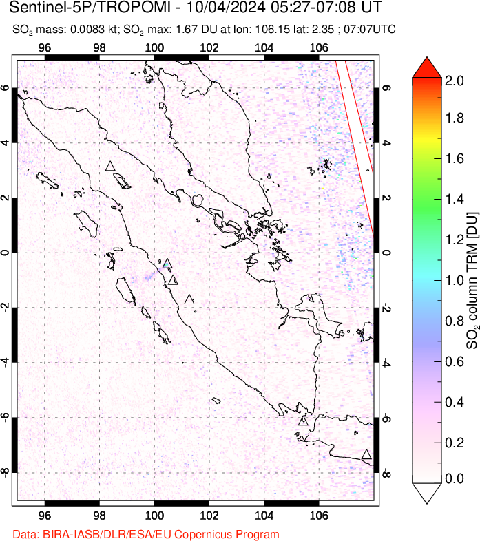 A sulfur dioxide image over Sumatra, Indonesia on Oct 04, 2024.