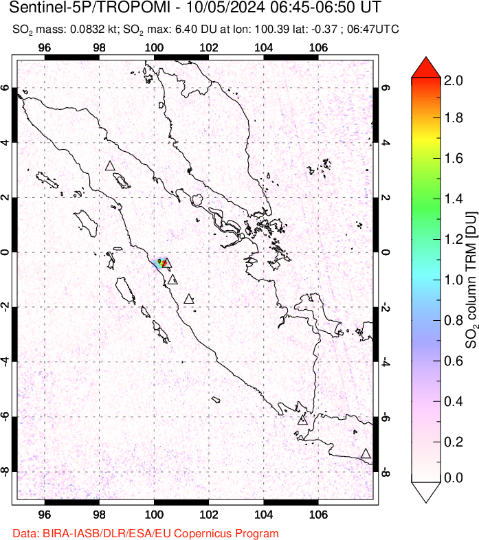 A sulfur dioxide image over Sumatra, Indonesia on Oct 05, 2024.