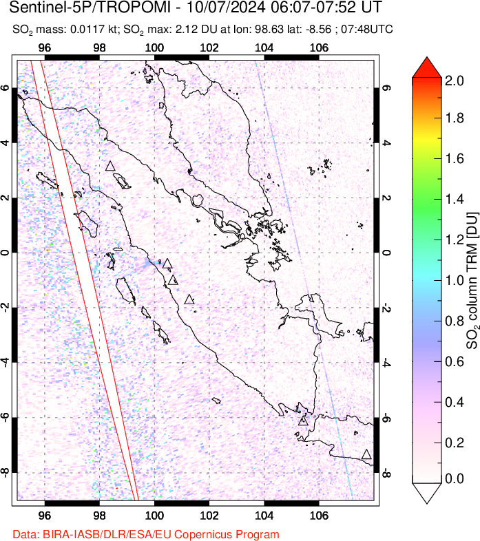 A sulfur dioxide image over Sumatra, Indonesia on Oct 07, 2024.