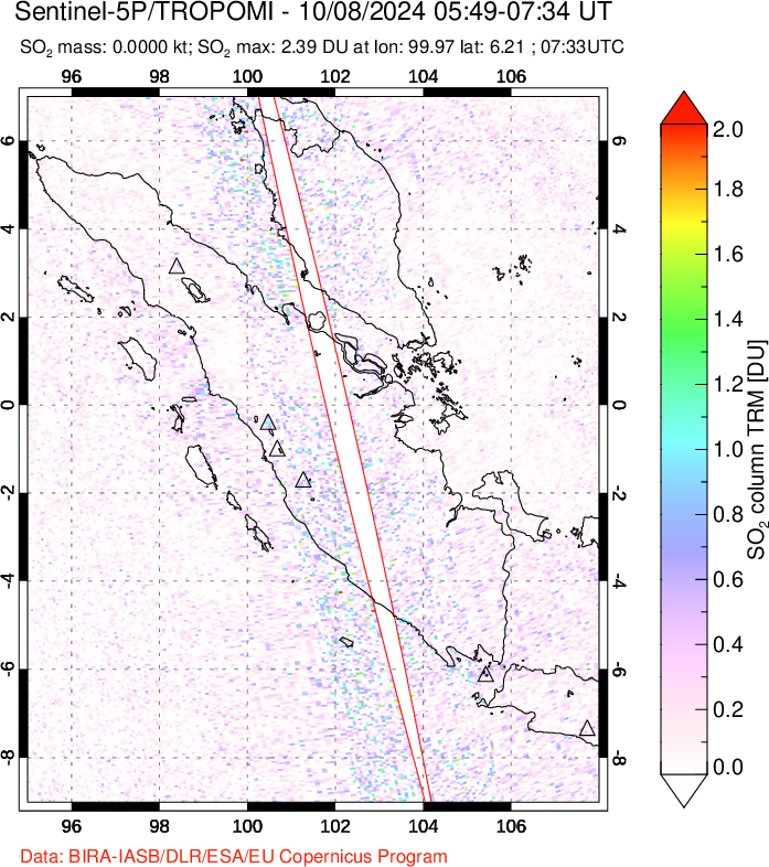 A sulfur dioxide image over Sumatra, Indonesia on Oct 08, 2024.