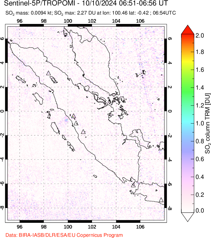 A sulfur dioxide image over Sumatra, Indonesia on Oct 10, 2024.