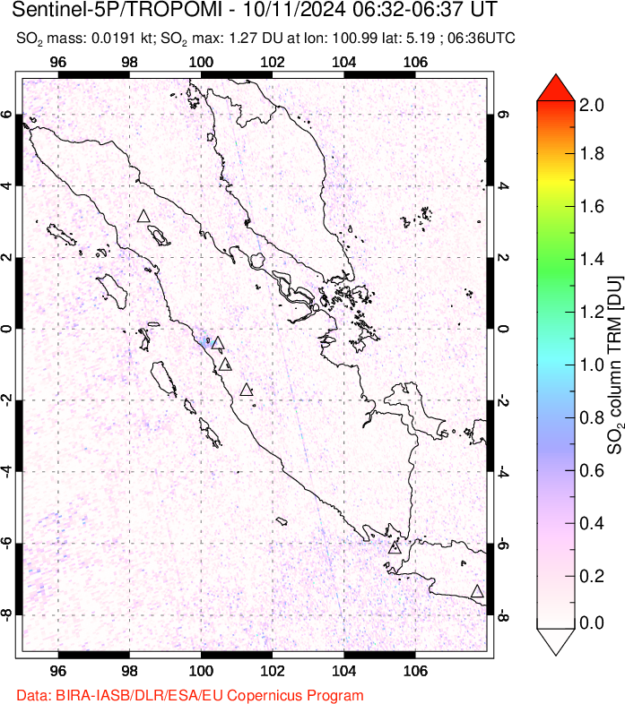 A sulfur dioxide image over Sumatra, Indonesia on Oct 11, 2024.