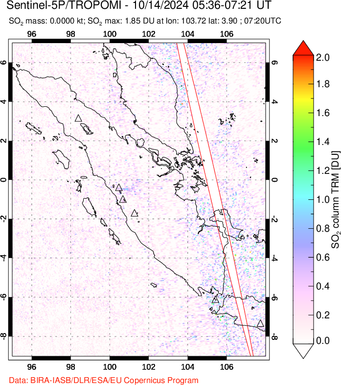 A sulfur dioxide image over Sumatra, Indonesia on Oct 14, 2024.