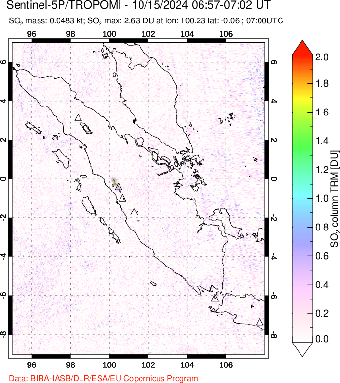 A sulfur dioxide image over Sumatra, Indonesia on Oct 15, 2024.