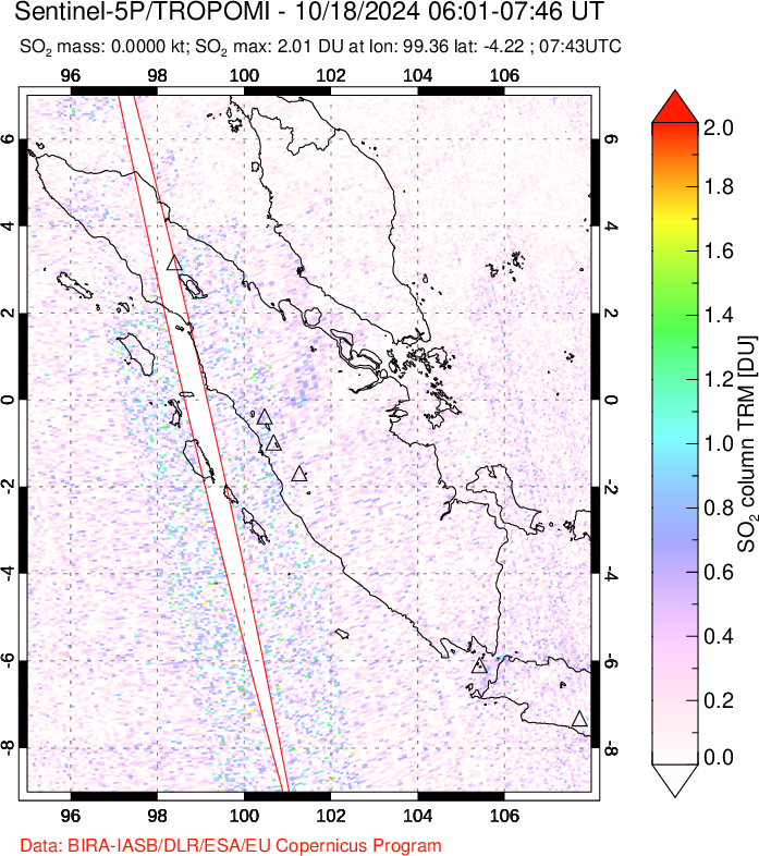 A sulfur dioxide image over Sumatra, Indonesia on Oct 18, 2024.