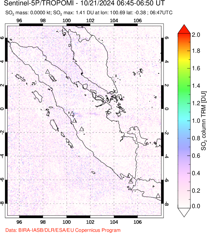 A sulfur dioxide image over Sumatra, Indonesia on Oct 21, 2024.