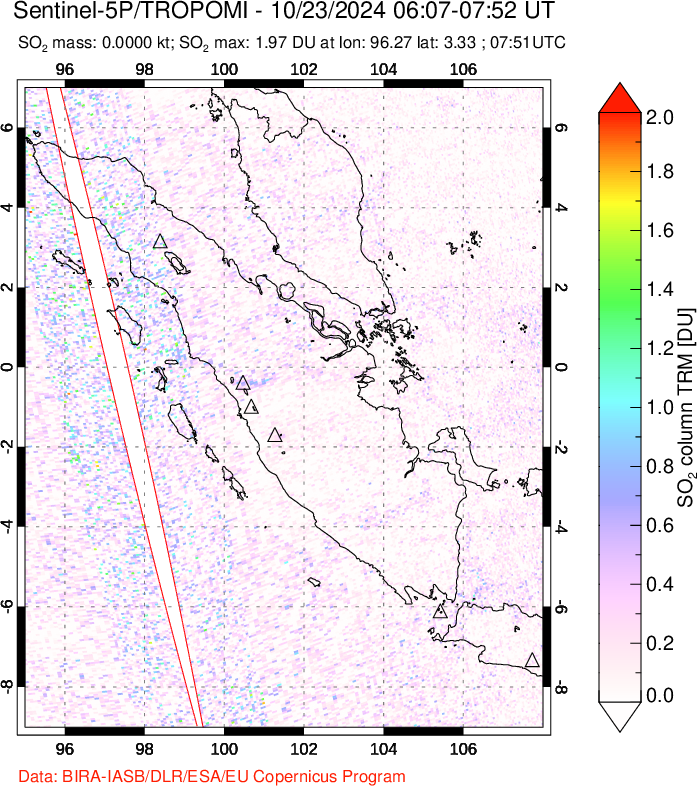 A sulfur dioxide image over Sumatra, Indonesia on Oct 23, 2024.