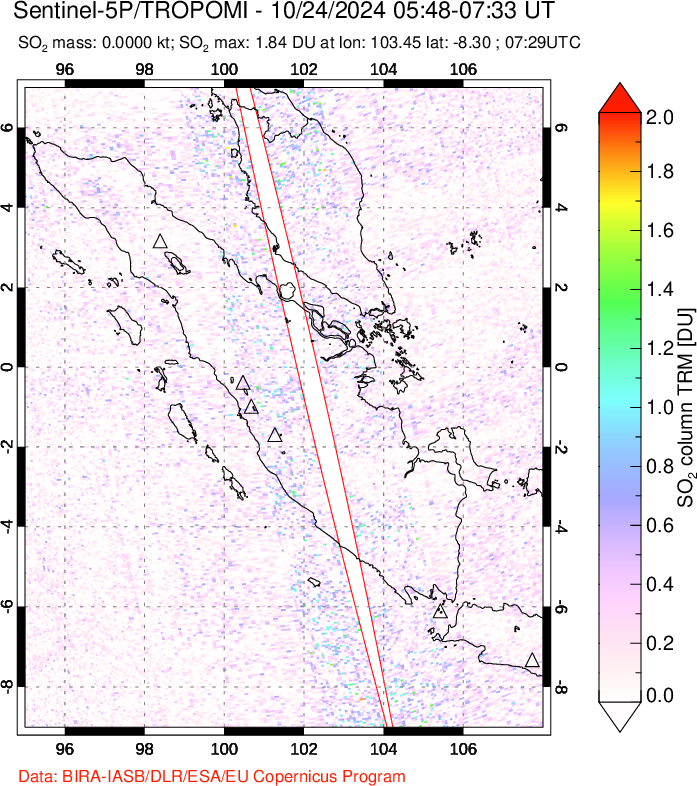 A sulfur dioxide image over Sumatra, Indonesia on Oct 24, 2024.