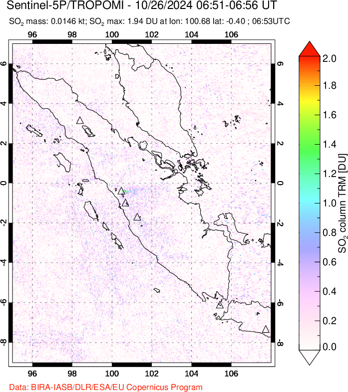 A sulfur dioxide image over Sumatra, Indonesia on Oct 26, 2024.