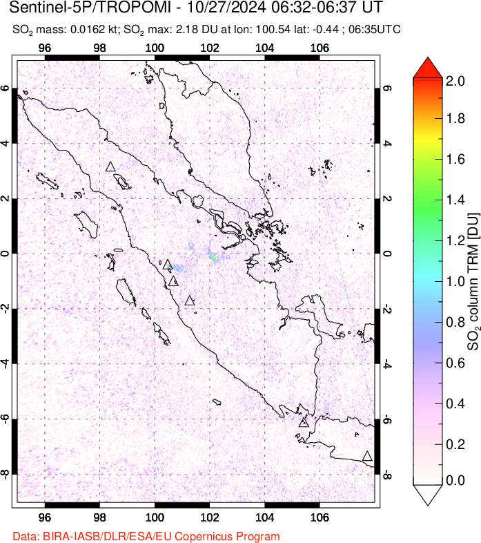 A sulfur dioxide image over Sumatra, Indonesia on Oct 27, 2024.