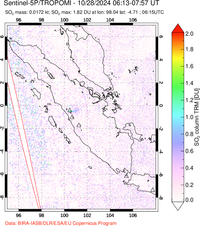 A sulfur dioxide image over Sumatra, Indonesia on Oct 28, 2024.