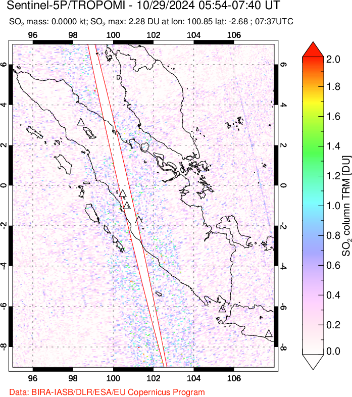 A sulfur dioxide image over Sumatra, Indonesia on Oct 29, 2024.